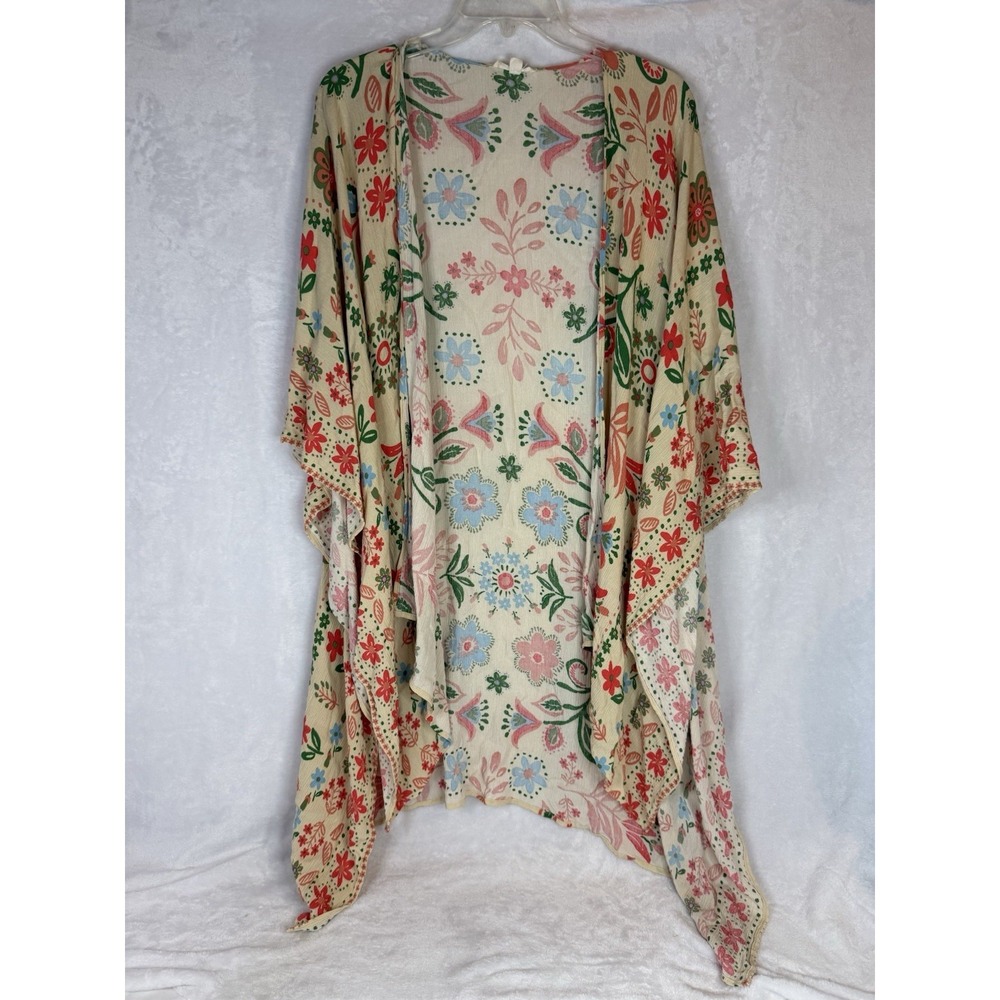 Easel Floral Boho Kimono Cardigan S Cream Pink Blue Open Front Rayon Colorful